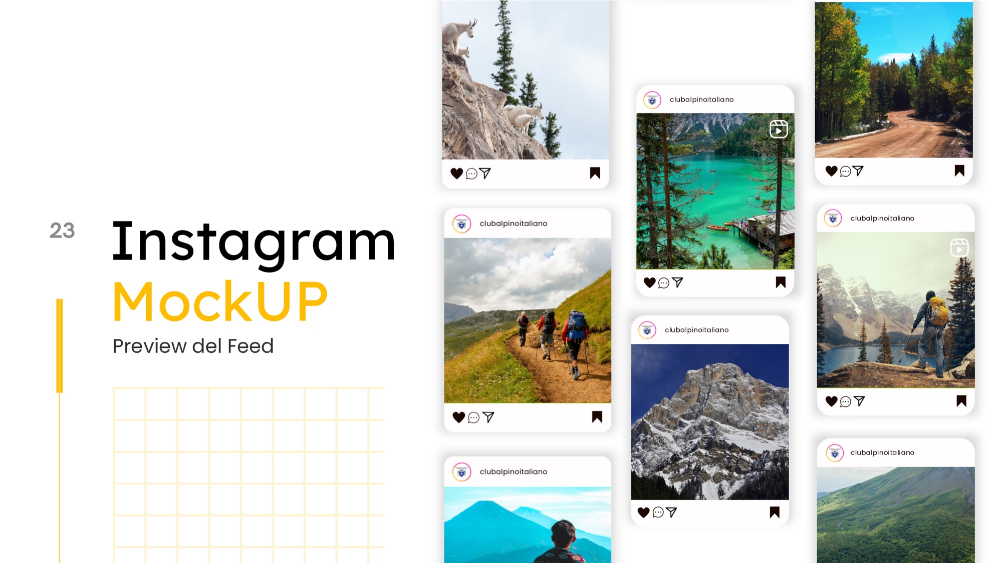 Anteprima del feed Instagram proposto per il Club Alpino Italiano, con post a tema montagna ed escursionismo