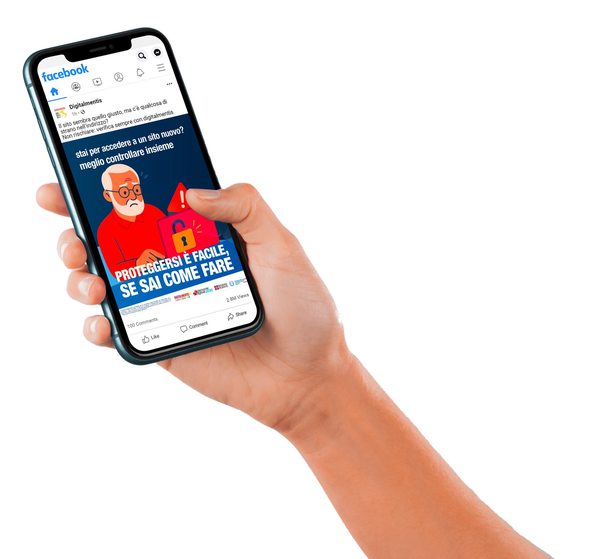 Mano che regge uno smartphone con il post Facebook Digitalmentis sui siti falsi