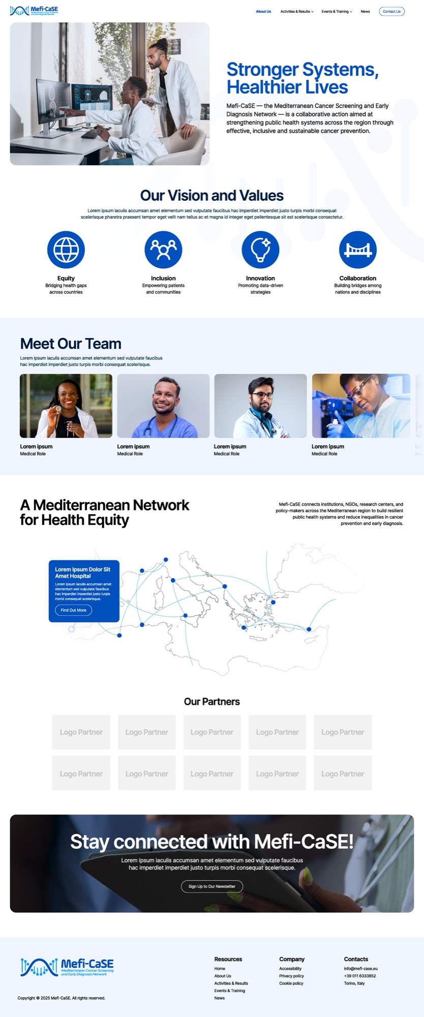 Proposta di pagina Chi siamo del sito Mefi-CaSE con valori, team e mappa dei partner