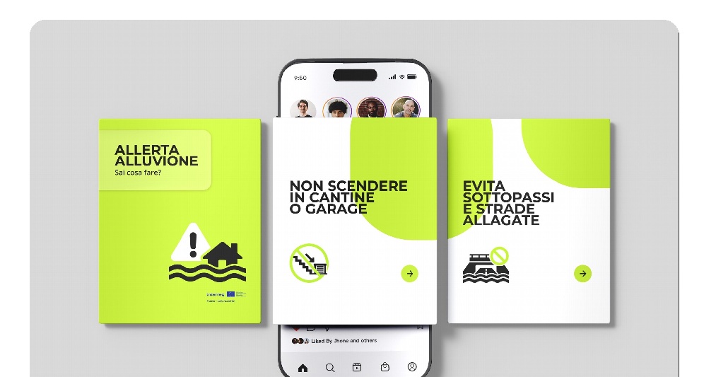 Mockup su smartphone del carosello Instagram «Allerta alluvione. Sai cosa fare?»