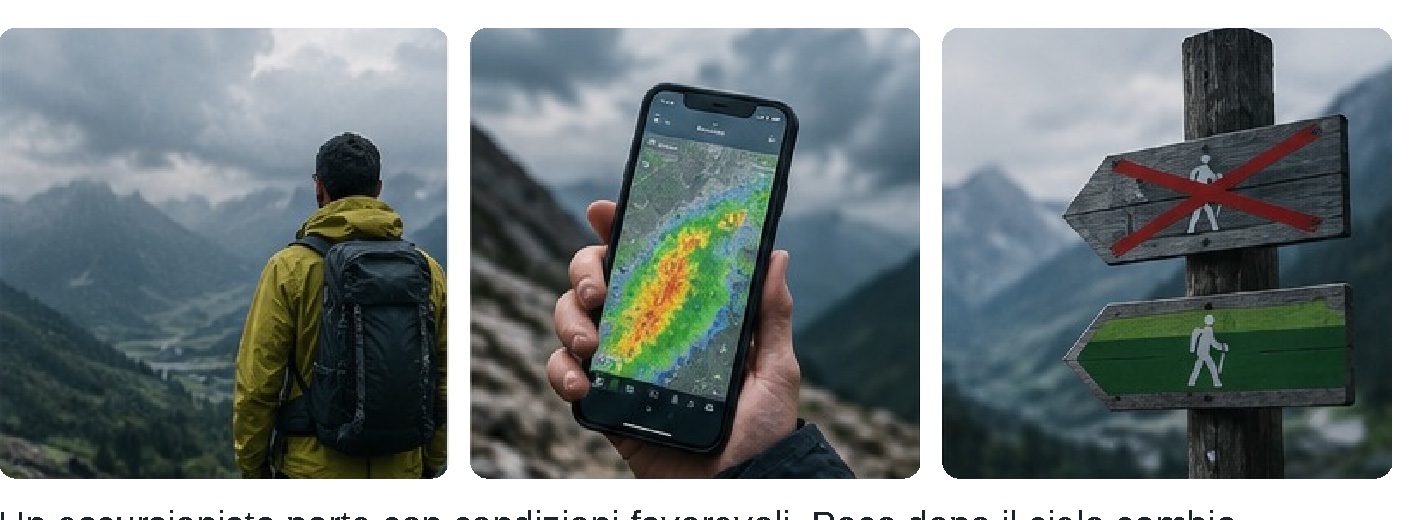 Fotogrammi del reel «Il meteo cambia in 20 minuti»: escursionista, app meteo, sentiero chiuso