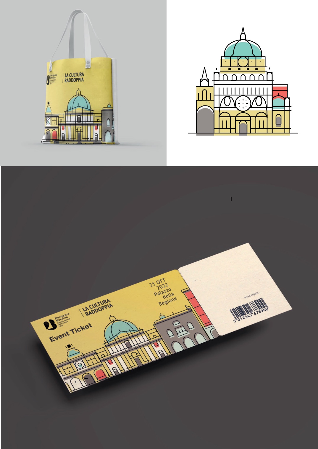 Concept Bergamo Brescia 2023: shopper, illustrazione e biglietto