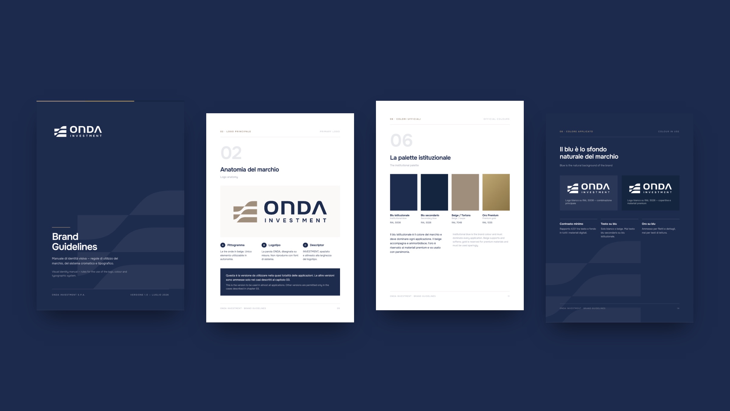 Manuale di identità visiva Onda Investment: copertina, anatomia del marchio, palette e sfondo istituzionale