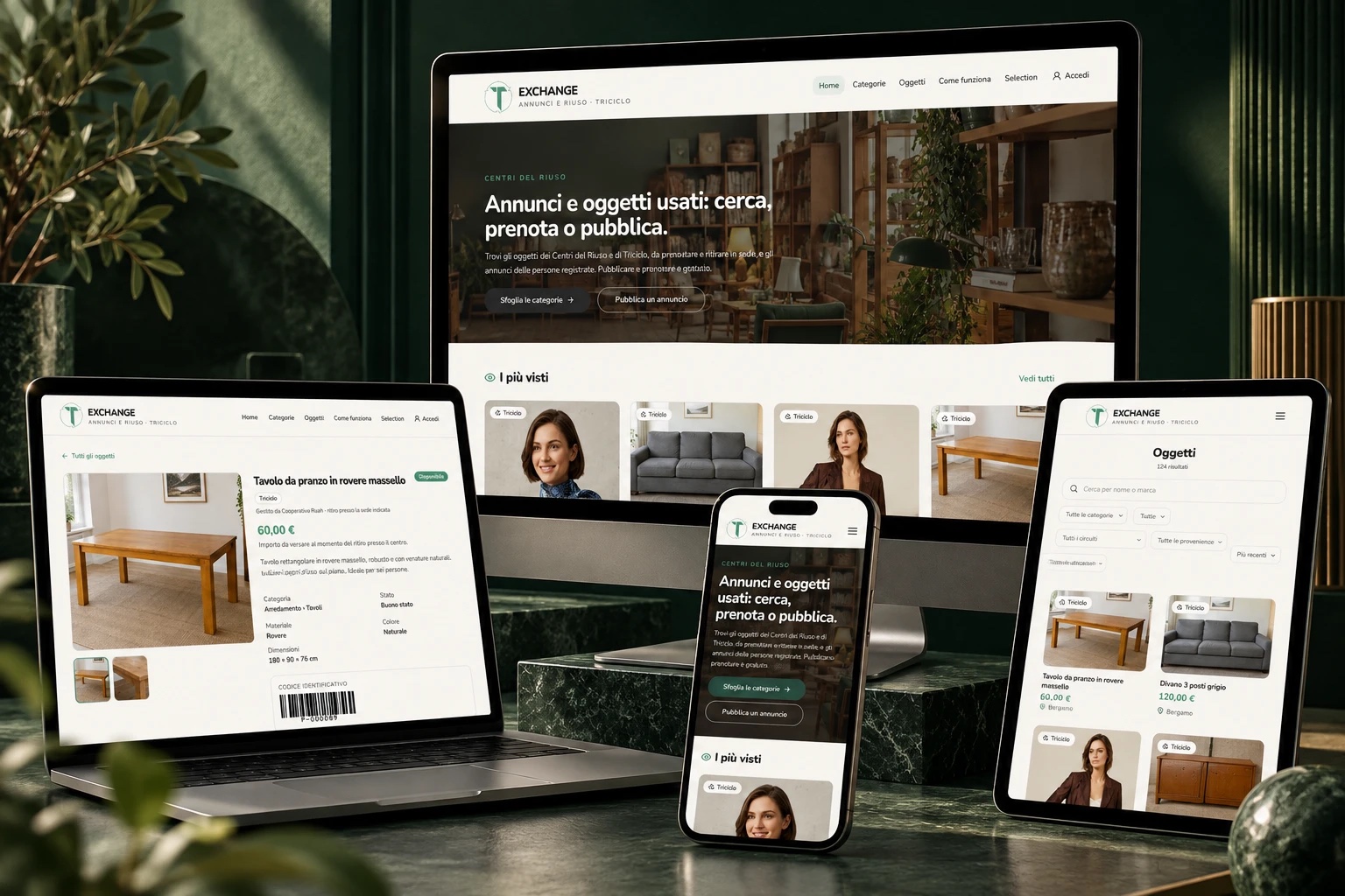 Marketplace del riuso Exchange di Triciclo su iMac, MacBook, iPad e smartphone