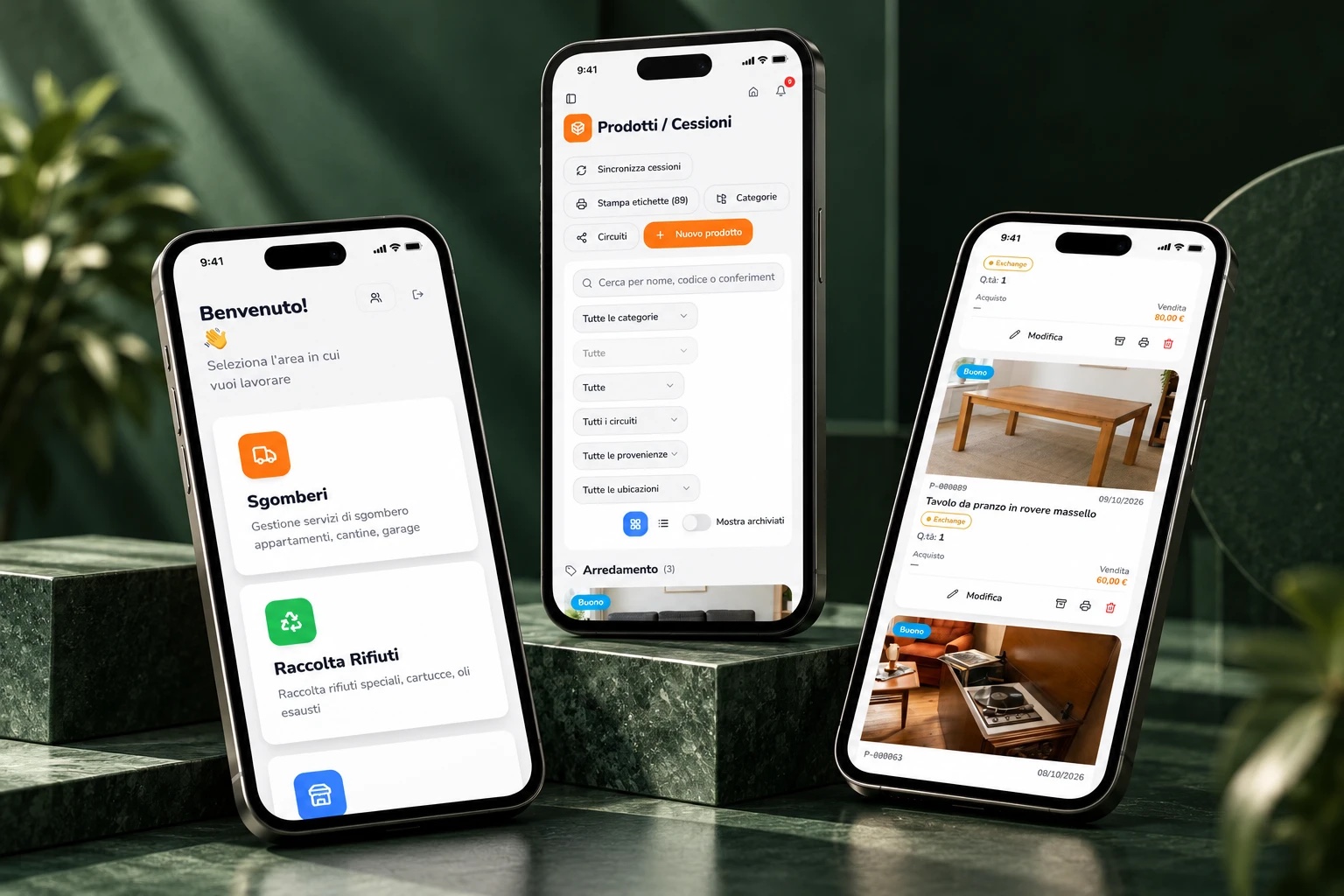 Gestionale Triciclo su smartphone: aree di lavoro, prodotti e cessioni, schede degli oggetti