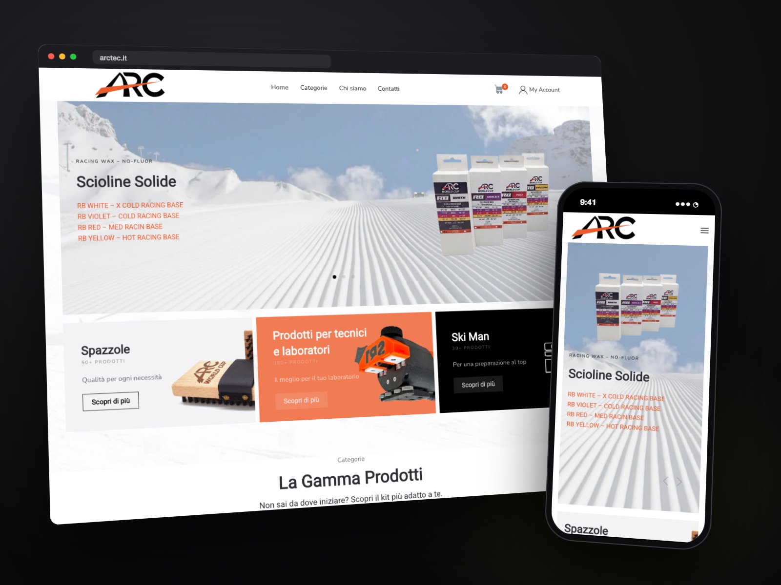 Sito web ARC Skiwax & Tools realizzato da Teknet, su desktop e smartphone