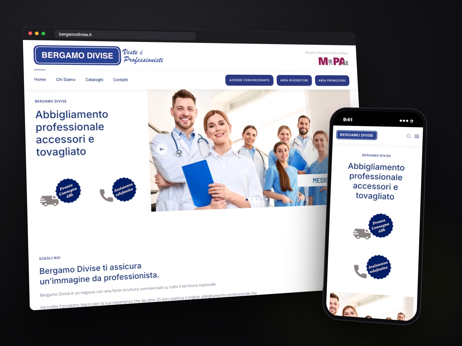 Sito web Bergamo Divise realizzato da Teknet, su desktop e smartphone