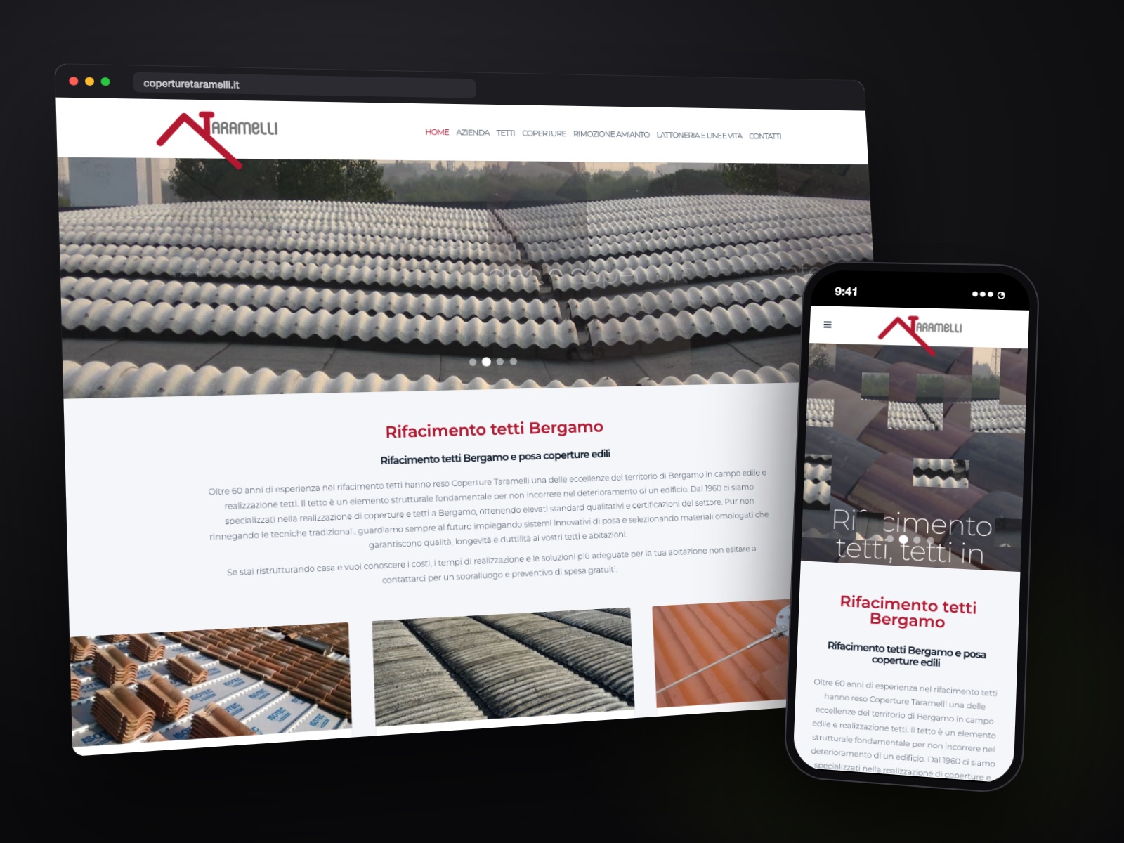 Sito web Coperture Taramelli realizzato da Teknet, su desktop e smartphone
