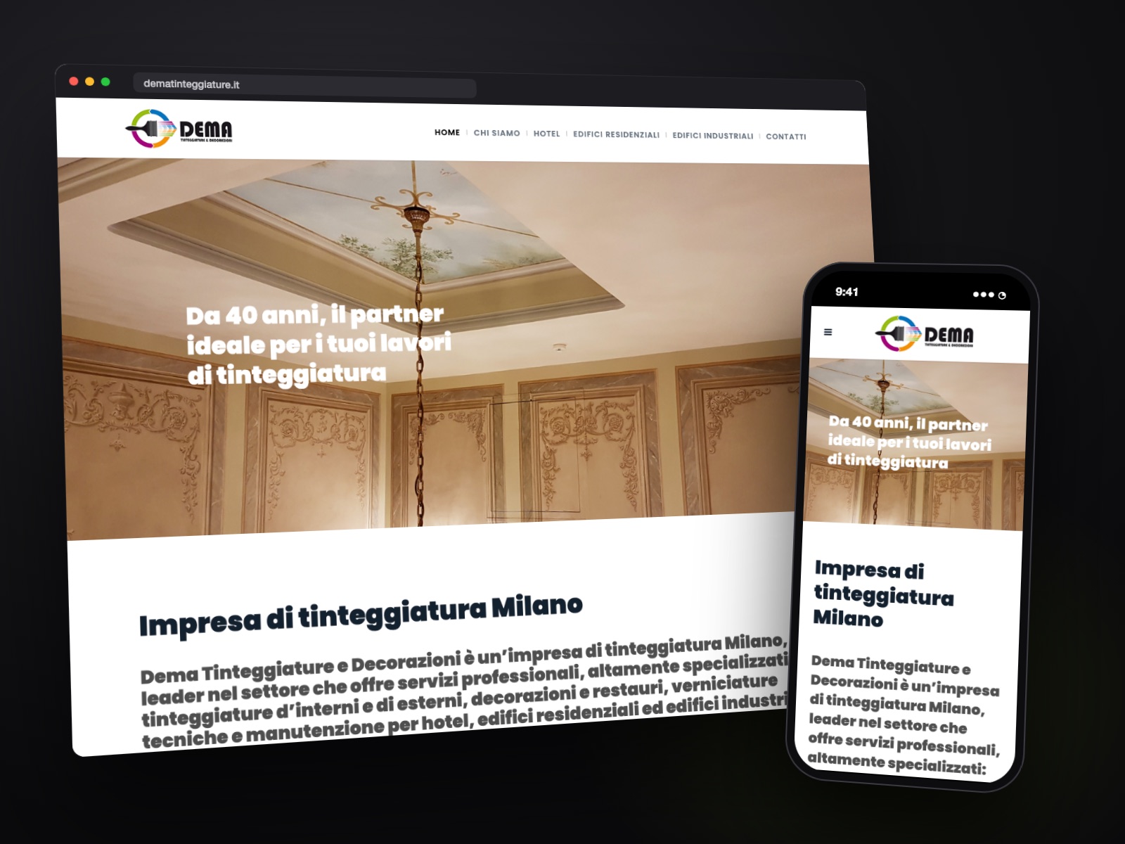 Sito web DEMA Tinteggiature realizzato da Teknet, su desktop e smartphone