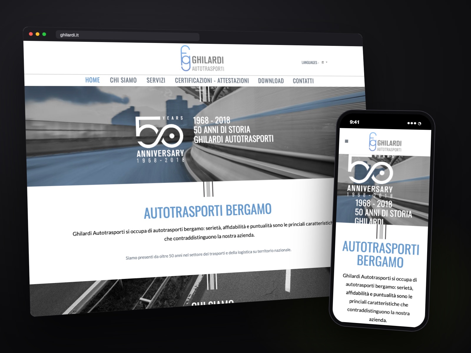Sito web Ghilardi Autotrasporti realizzato da Teknet, su desktop e smartphone