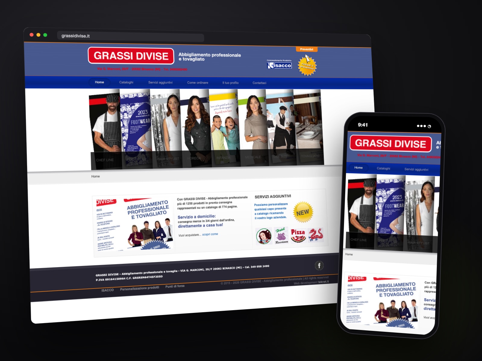 Sito web Grassi Divise realizzato da Teknet, su desktop e smartphone