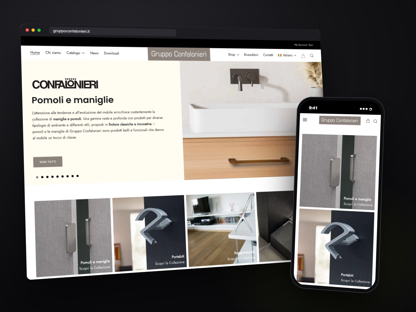Sito web Gruppo Confalonieri realizzato da Teknet, su desktop e smartphone