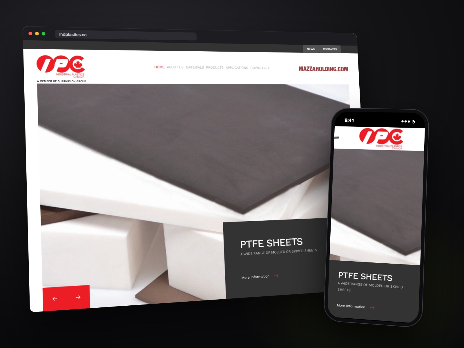 Sito web Industrial Plastics Canada realizzato da Teknet, su desktop e smartphone