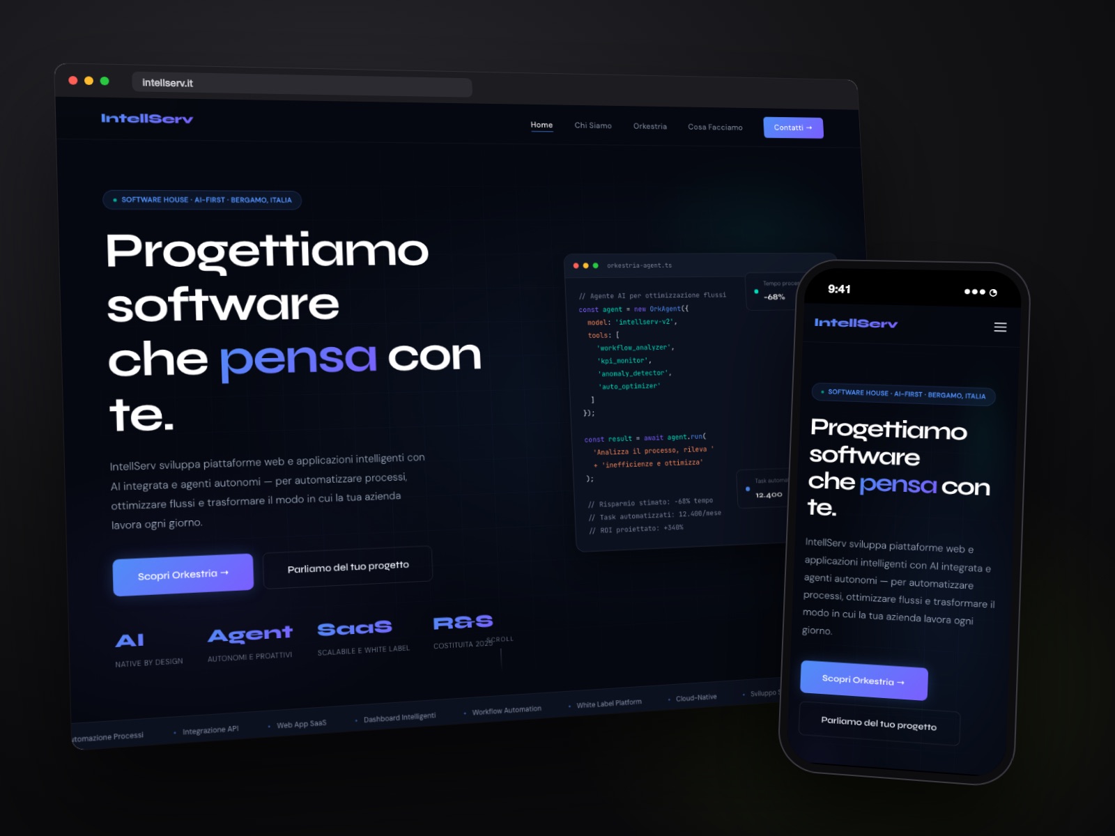 Sito web IntellServ realizzato da Teknet, su desktop e smartphone