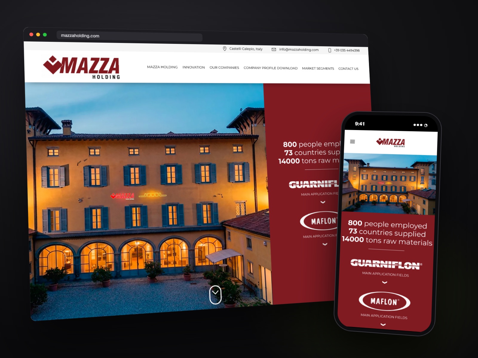 Sito web Mazza Holding realizzato da Teknet, su desktop e smartphone