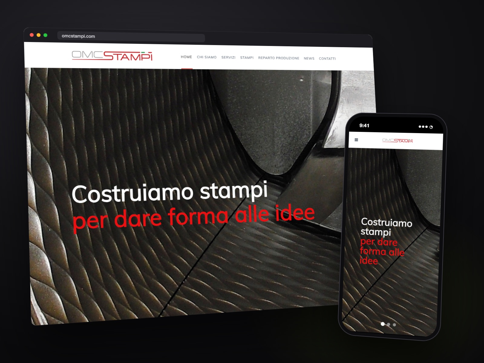 Sito web O.M.C. Stampi realizzato da Teknet, su desktop e smartphone