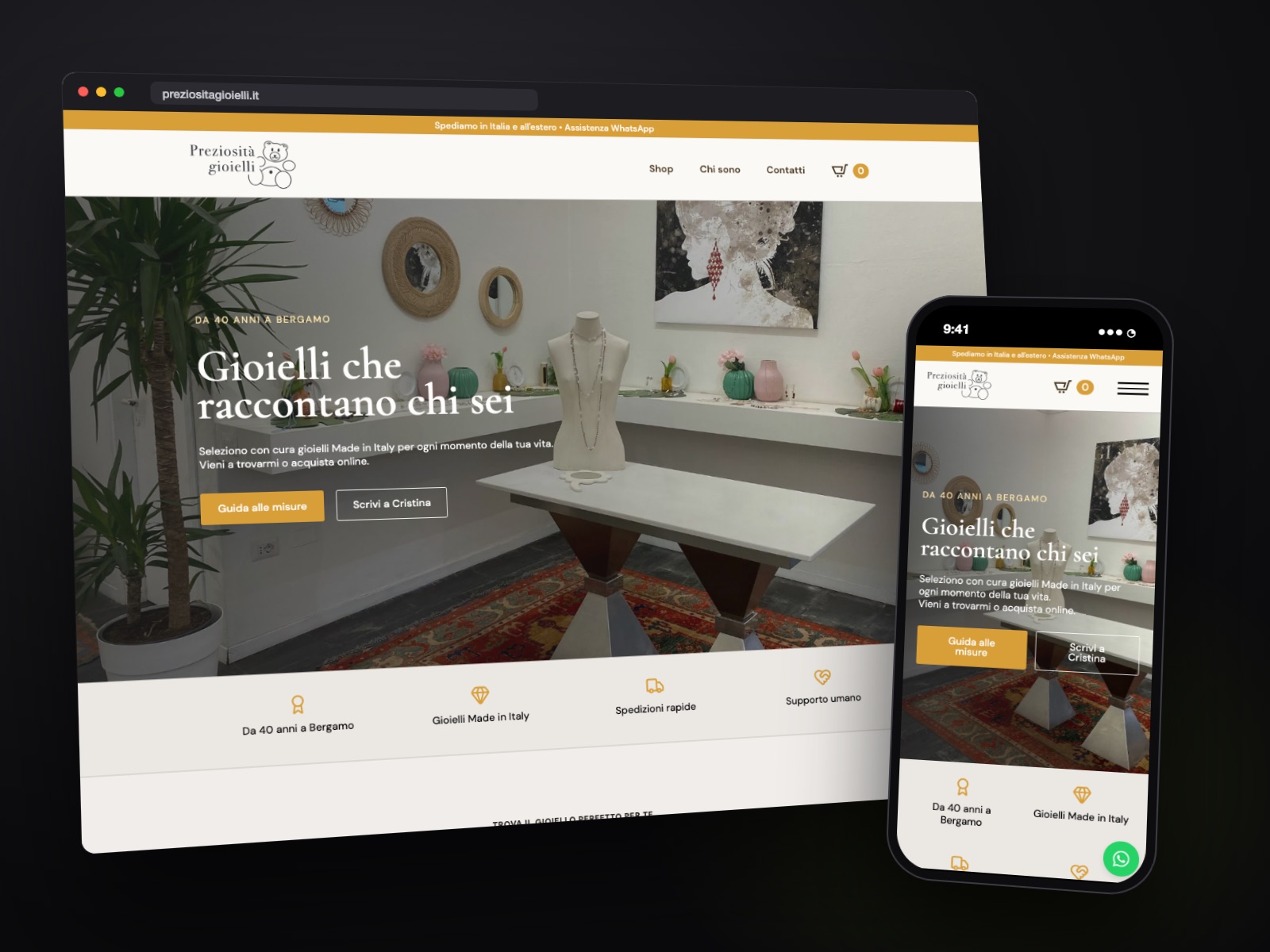 Sito web Preziosità Gioielli realizzato da Teknet, su desktop e smartphone