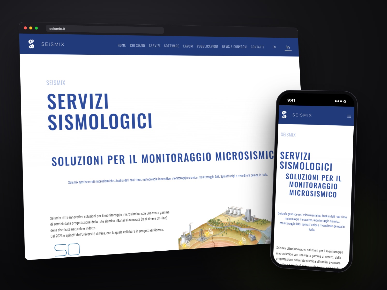 Sito web Seismix realizzato da Teknet, su desktop e smartphone