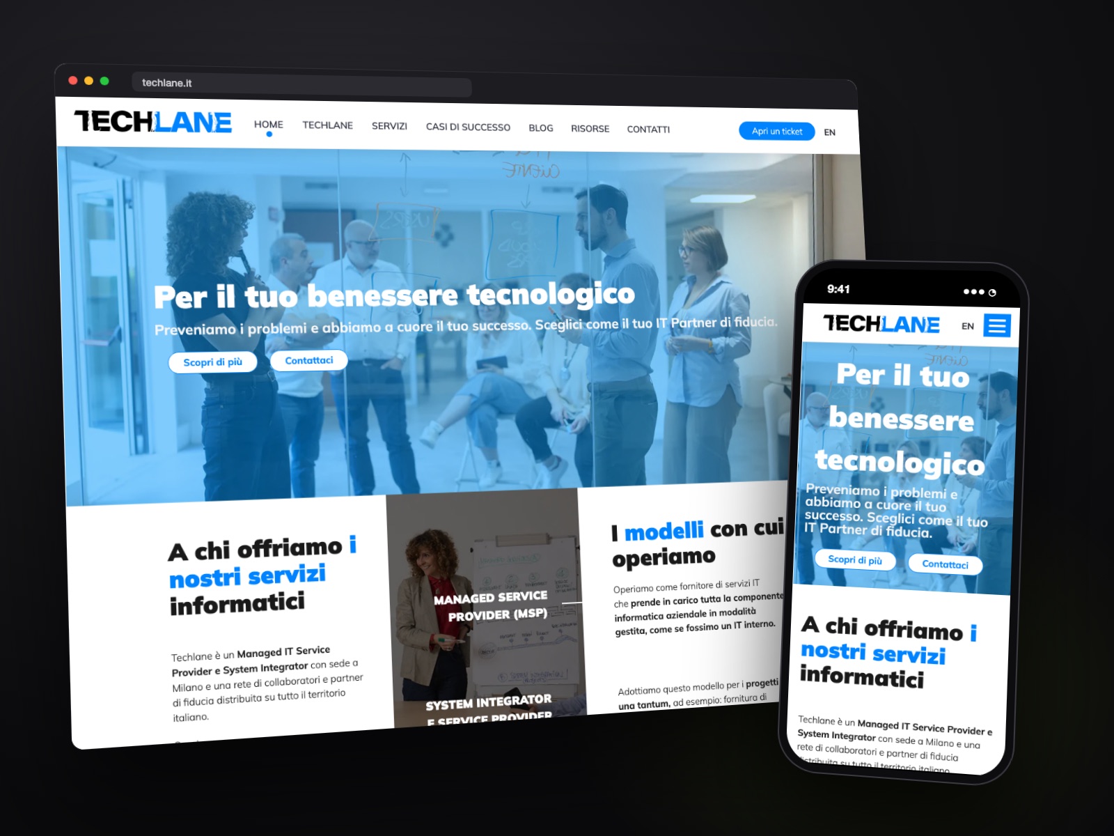 Sito web Techlane realizzato da Teknet, su desktop e smartphone